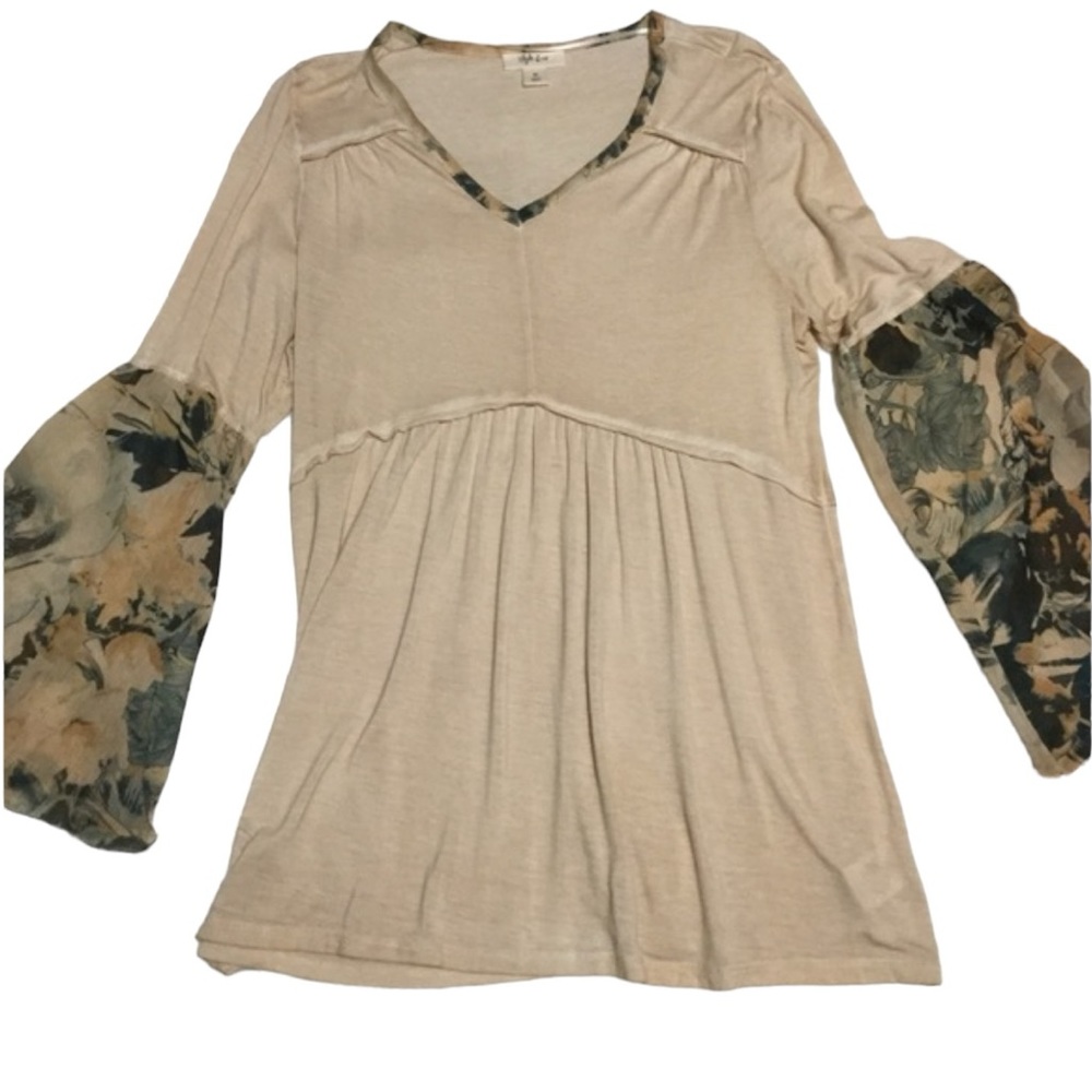 STYLE & CO “Western Trail” sz Medium Tunic Top Bell Sleeve V Neck Cream Green +